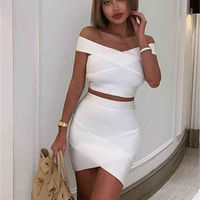 Casual Dresses White sexy off shoulder top irregular skirt set short bandage straight