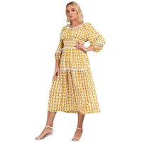 Artı Beden Elbiseler Büyük Kadın İlkbahar ve Yaz Yuvarlak Boyun Küçük Daisy Bel Check Taze Tatlı Elbise