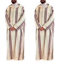 Ropa étnica Lapa de la solapa musulmana Manga larga Thobe Medio Oriente Saudita Kaftán Islámico Abaya Vestido Dubai Rúnicas con patrón rayado 101a