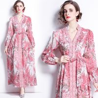 Retro Floral Prom Dress For Woman Spring Autumn Casual Vacation Print Women Designer Lace Up Party Red Long Dresses Office Lady Sweet Cute V