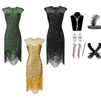 1920s Dress Women Gatsby Theme Prom Costume Party Sequin Fringed Flapper Dresses with 20s Accessories Fishnet Stocking Headband Gloves Earrings Necklace Set