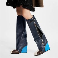 السيدات الركبة عالية أحذية مربعة مربع أزياء الكعب مارتن بوتس مربعة إصبع القدم زلة على ألوان مطابقة ألوان مشبك أحذية برشام 220805