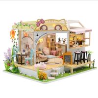 Kit di case per bambole in legno fai -da -te in miniatura con mobili catti carini caffettiera casa casa giocattoli assemblati per ragazze regali 220627