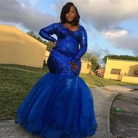 Plus Size Royal Blue Mermaid Prom Dresses V Neck Sequined Tulle Formal Evening Gowns Pageant Party Dress2729