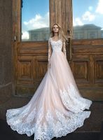 Elegant Blush Pink Lace Tulle Wedding Dresses Vintage Sheer Long Sleeve Appliques Beads Long Train Bridal Gowns Custom Made