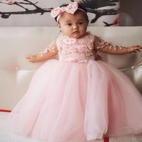 Baby Wedding Party Flower Girls' Dresses with Bow Beaded 3D-Applique Sheer Long Sleeves Pageant Gowns178K