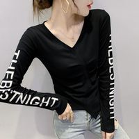 T-shirt da donna che vende la moda Design Sense Letter Stampa Base Camicia in stile Western-All-Match con scollo a V Manica lunga