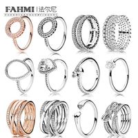 FAHMI 100%925 Sterling Silver Jewelry Zircon Charm Heart-Shaped Water Drops Stars Ring Bow Round Hollow Rose Gold Ring290L