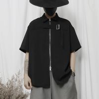 Camisas casuais masculinas tendência de moda japonesa grande design personalizado design de manga curta solta de zíper curta