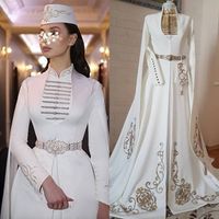 Elegant Moroccan Kaftan Muslim Formal Evening Dresses High Neck Long Sleeve Cape White Satin Prom Party Gowns Arabic Dubai Caftan Bridal Embroidery Reception Dress