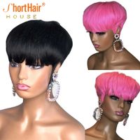Pixie Short Cut Bob Wig with Bangs Brazilian Straight Wigs 100% Human Hair Wig for Black Women Pink Color Full Machine Made