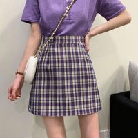 Faldas falda a cuadros 2022 otoño e invierno dulce color púrpura alta a- line hong kong style retro versátil corto