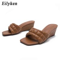 Nxy Sandals New Summer Square Toe Wedges Women Slippers Concise Shallow Plaid High Heel Casual Outdoor Shoes