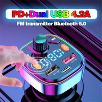 FM-передатчик автомобиль Bluetooth Mp3 Audio Player Wireless Handsfree Car Kit с 18W PD Type-C Fast Dual USB-зарядным устройством 7-цветов