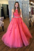 A-line Water Melon Lace Tulle Prom Dresses Jewel Neck Beaded Sash Floor Length Party Gowns Evening Dress