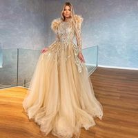 Party Dresses Feather Prom Beading Vestidos Elegantes Para Mujer Custom Full Sleeve Evening Dress Long Tulle Champagne GownsParty
