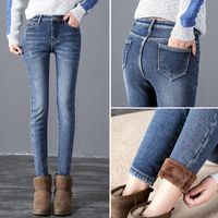 Женские джинсы 2022 Группа Зимняя толстая флис для женщин растягивает теплый тощий джинсовый бархатный карандаш, женские брюки