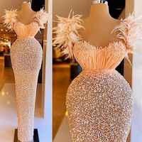 2021 Plus Size Arabic Aso Ebi Luxurious Sparkly Sexy Prom Dresses Feather Sequined Sheath Evening Formal Party Second Reception Go253j