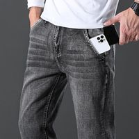 Erkek Kot Anti-hırsızlık Fermuar Cep Tasarım Erkekler Koyu Gri Düzenli Fit Streç Denim Pantolon Moda Rahat Ince Pantolon Marka