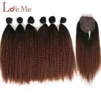 Costume Accessories Afro Kinky Straight Hair Bundle With Closure Synthetic Hair Weave 7pcs Ombre Synthetic For Black Women Hair Extension