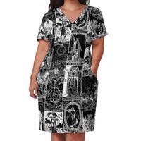 Artı boyutu elbiseler tarot patchwork sıradan elbise yaz siyah ve beyaz baskı modern kadın v boyun desen estetik 5xlplus