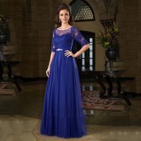 2023 Scoop Neck Mother of the Bride Robes Breded Sash Lace Applique Half Man Mariage Robe Guest For Women A Line Tulle Prom Party Soirée Robes Formes