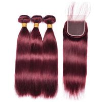 99J Straight Hair Bündel mit Verschluss burgunderfarbener Farbe menschliches Haar Bündel mit 4x4 Verschluss brasilianische Remy -Haarbündel