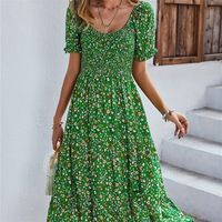 İlkbahar yaz uzun basılı elbise kadınlar rahat bohem kısa kollu yüksek bel flroal elbiseler için bayanlar Leisure 220516