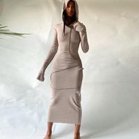 Повседневные платья осень пэчворк Soild Color Skinny Maxi платье женщин с длинным рукавом с капюшоном наряда одежды Bodycon пакет бедра карандаш