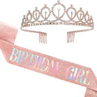 Party Decoration Birthday Girl Satin Sash Ribbon Queen Rose Gold Rhinestone Crystal Crown For Anniversary Adult SuppliesParty