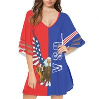 Casual Dresses Half Sleeve Dress Shirt America Flag Custom USA Eagle Pattern Red and Blue Printed Women Chiffon blossade ärm