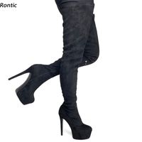 Rontic Women Spring Stretch Thigh Boots Platform Faux Suede Side Zipper Stiletto Heels Round Toe Black Casual Shoes US Size 5-20