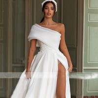 High-split Wedding Dresses Big Bow Appliqued 2020 Newest A Line Beach One-shoulder Bridal Gown Custom Made Ruched Satin Long Robes212Q