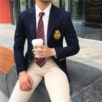 Men's Suits & Blazers High Quality Suit Jacket Korean Style British College Gentleman Fashion Badge Design Dark Blue Blazer