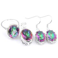 Luckyshine Vintage Oval Fire Rainbow Cubic Zirconia Gems 925 Silver Pendants Ring Earring Wedding Engagement Jewelry Sets245a