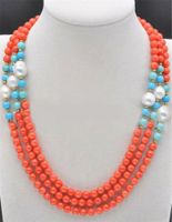 Round 6mm Pink Coral Blue Turquoise Gems &White Keshi Pearl Necklace 36-72 Inch