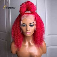 Charisma Afro Curly Lace Front Synthetic Wigs for Women Hot Pink Glueless Heat Resistant Hair Wig220511