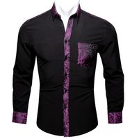Men&#039;s Dress Shirts Barry.Wang Black Solid Purple Floral Splicing Shirt Man Long Sleeve Casual Soft For Men Designer Fit BCY-0291Y