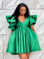 여자 녹색 드레스 v 넥 푹신한 짧은 소매 라인 ruffle 캐주얼 플러스 크기 4 XL 파티 저녁 작업
