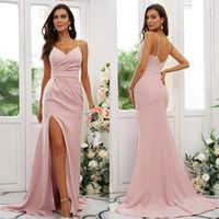 2022 Elegant Ruched V-Ausschnitt ärmellose Brautjungfernkleider Country Style Rückenless Maid of Honor Prom Kleider BC110908 C0613G03