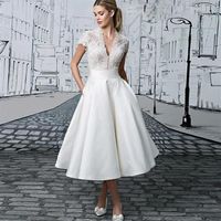 Vintage Lace Tea Length Short Wedding Dresses With Cap Sleeves See Through V Neck 1950s Wedding Bridal Gowns Vestido De Novia Cust286t