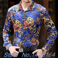 Men's Dress Shirts 2022 Luxury Baroque Silk Mature Mens Dargon Tiger Print Shirt Gold Black Chemise Slim Fit Club Floral Hombre Camisa