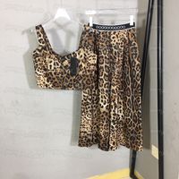 Vintage Leopard Tanks Dress Set Womens Letters Sleeveless Tops Skirts Sexy Street Style Fashion Midi Skirts