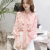 Luck A Autumn New Fall Shirts Women Lantern Sleeve Chiffon Blusas Mujer Casual Bow Polka Dot Tops Sweet Bow Tie Pink Blouses238M