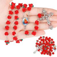 Five Decade Our Lady 8mm Polymer Clay Rose Beads Rosary Catholic Necklace With Holy Soil Medal Crucifix Religious Cross Necklace2453