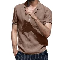 Мужские футболки пуговица лето мужчина весенняя повседневная o шея сплошная льняная футболка с короткими рукава