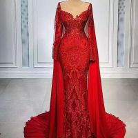 Vintage Red Long Sleeve Evening Dresses Arabic Aso Ebi Luxurious Mermaid Party Occasion Gowns Sheer Neck Lace Beaded Vestidos de fiesta
