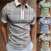 Men' s Polos Shirt Zipper Checkered Color Matching Men&#...