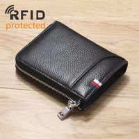 RFID korumalı orijinal deri mens fermuarlı tasarımcı cüzdanları erkek moda inek deri jeton sıfır kart çantalar siyah/kahve rengi No113401