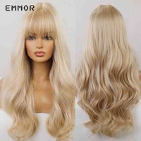 Emmor Long Light Blond Natural Wave Synthetic Hair Wigs With Pony High Temperature Fluffy Cosplay Daily Wig For Women J220606